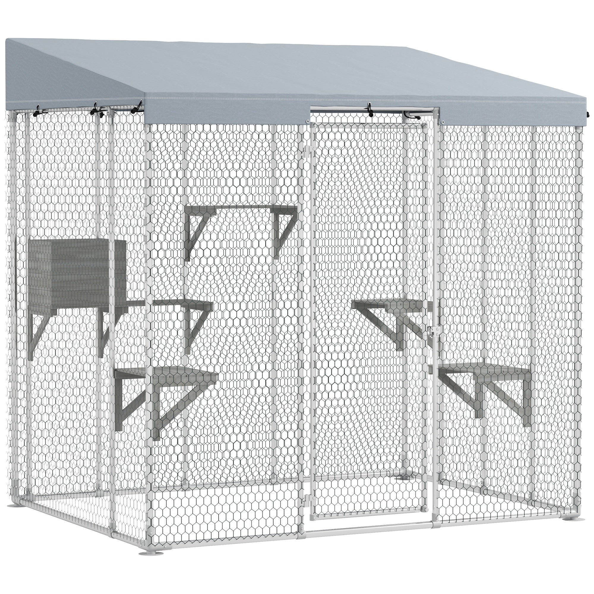 79" Galvanized Steel Catio with Canopy, 1-3 Kittens, Silver