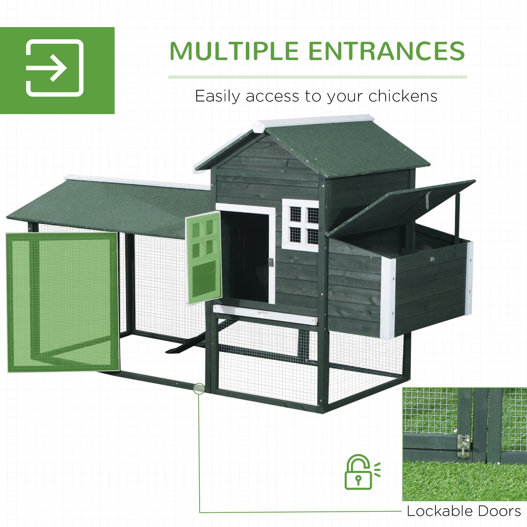 84" Wooden Chicken Coop with Run and Nesting Box, Green