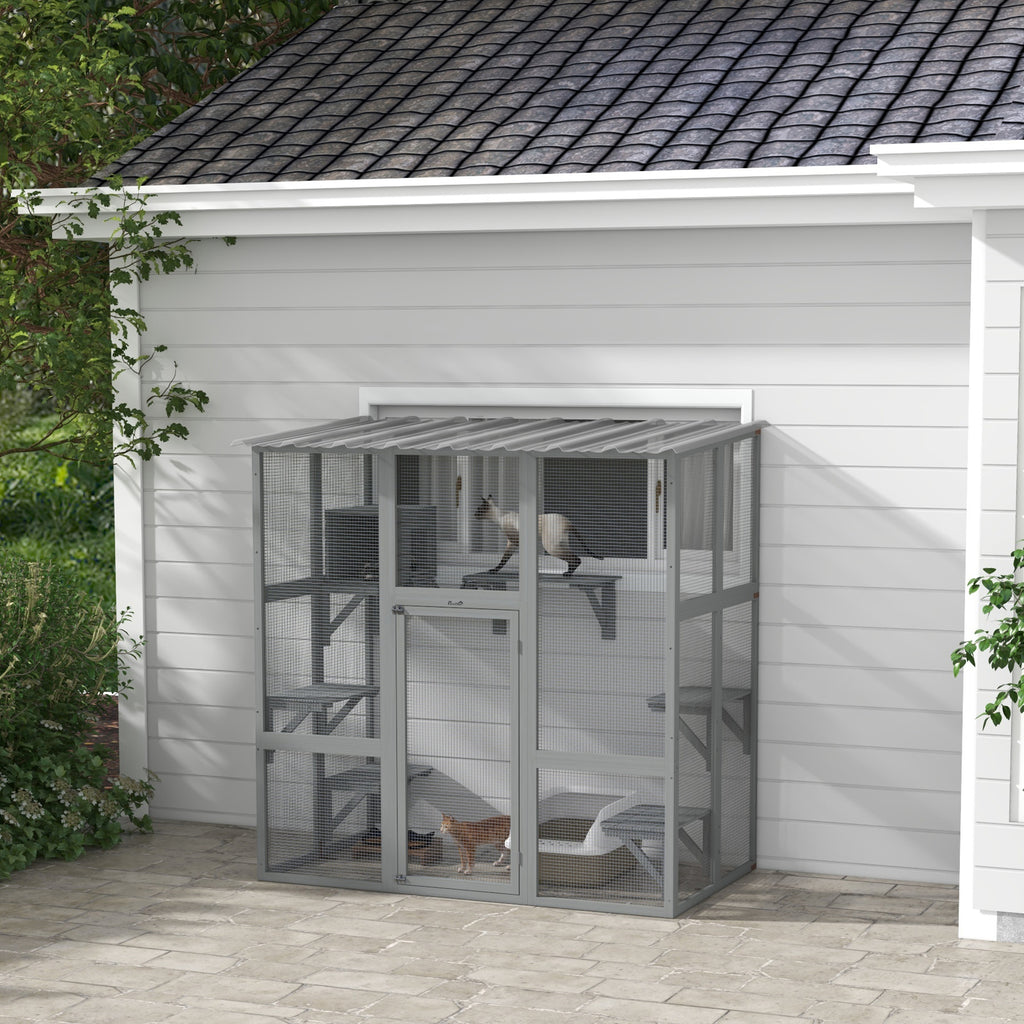 Elegant Cat Window Enclosure with Bridge & Platforms, Gray