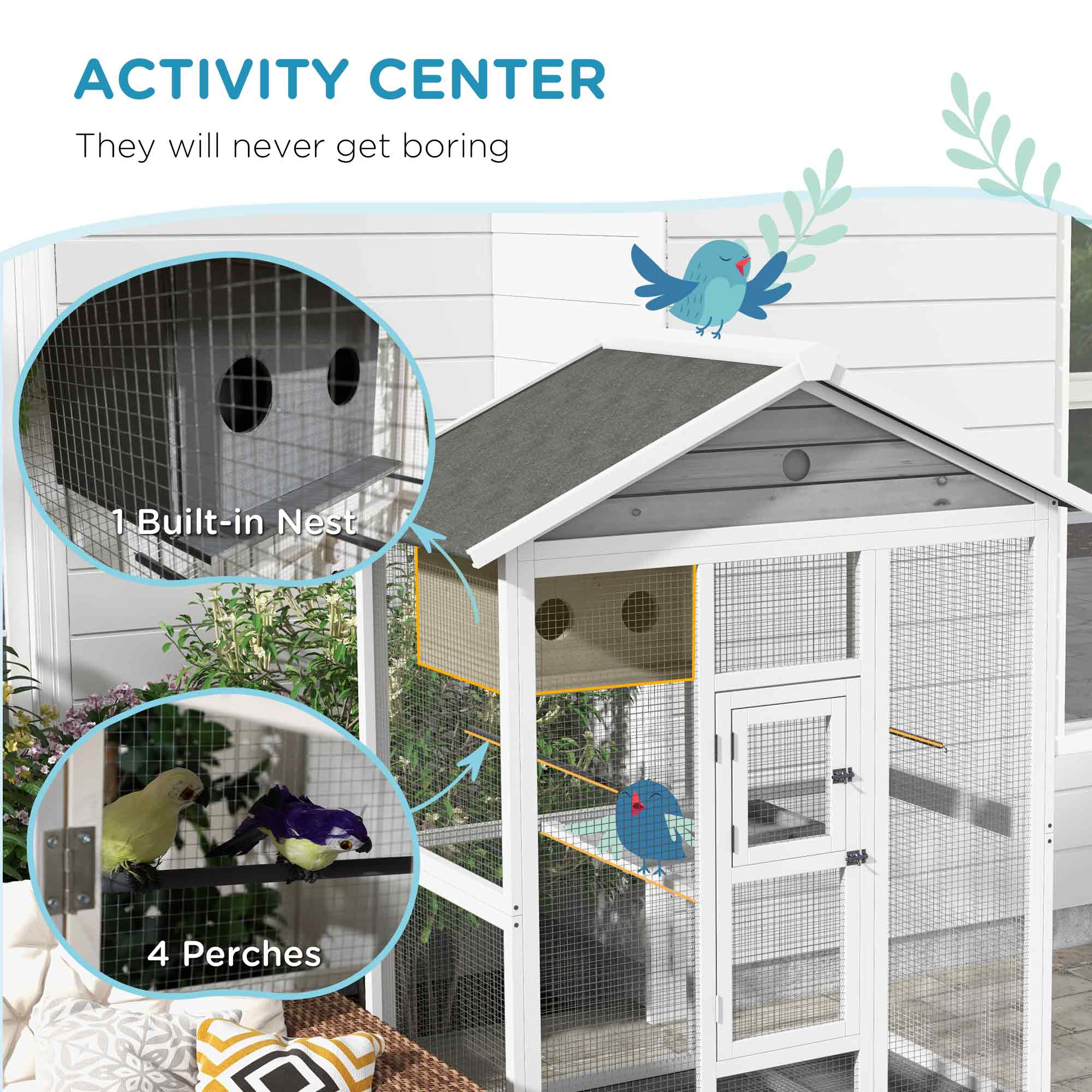 64.5" Wooden Aviary with 4 Perches, Nest, and Slide-Out Tray