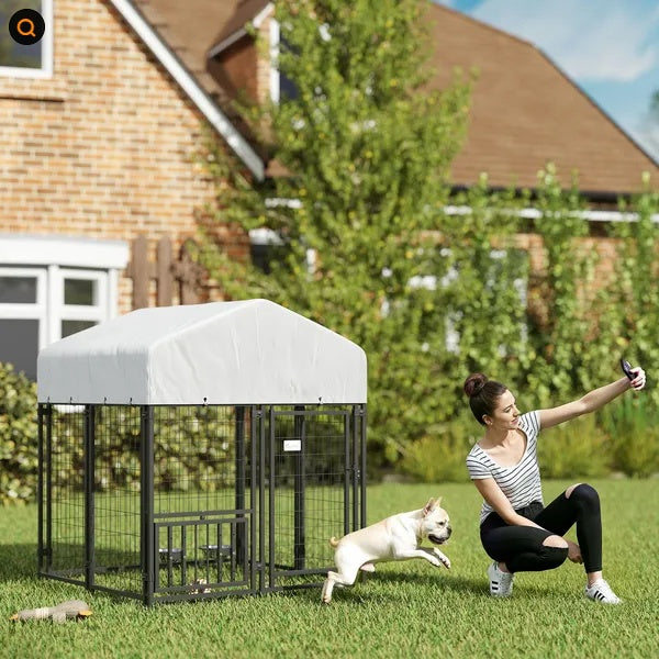 Outdoor Dog Kennel with Rotating Bowls and Cover