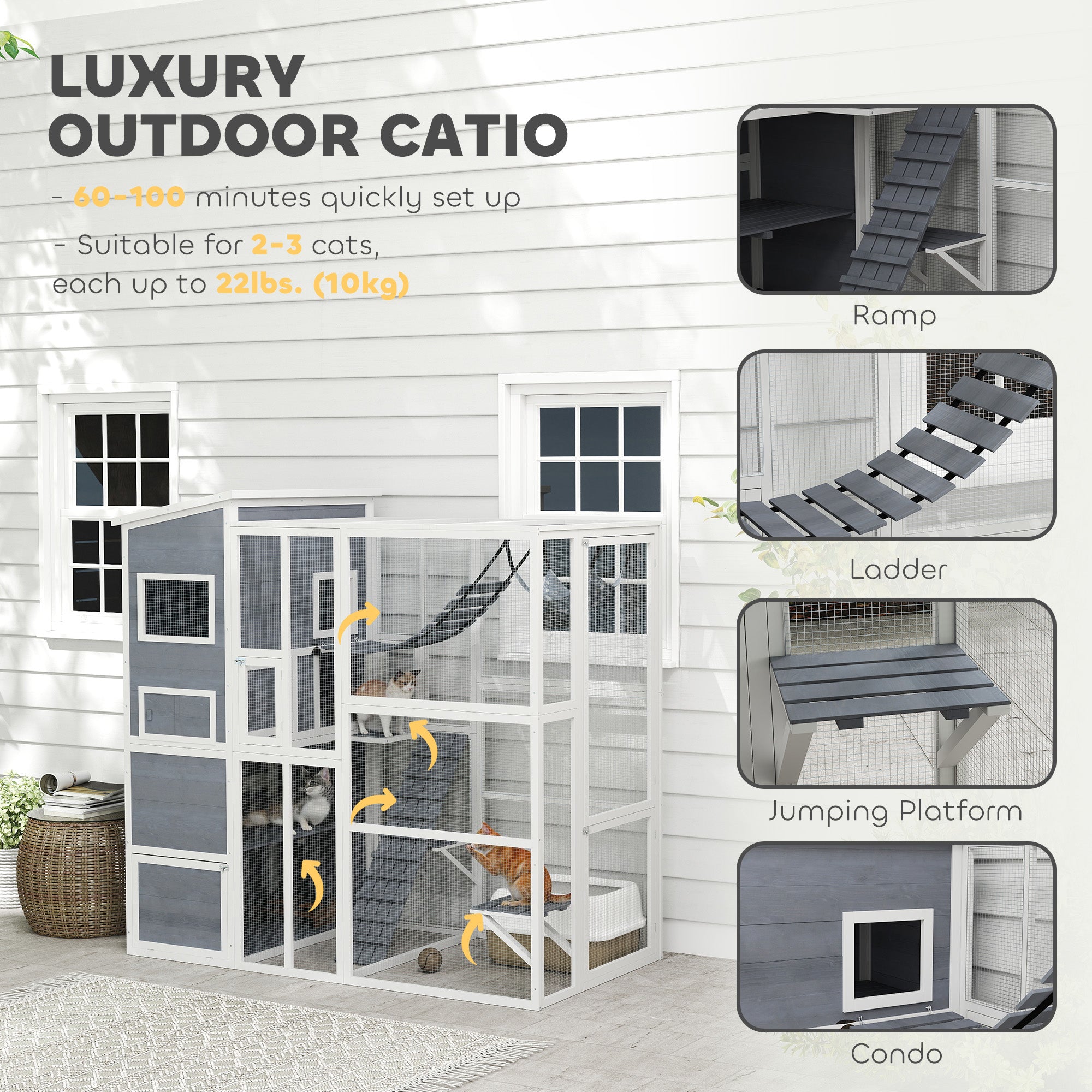 Large Wooden Catio with 4 Tiers, 3 Platforms, Gray