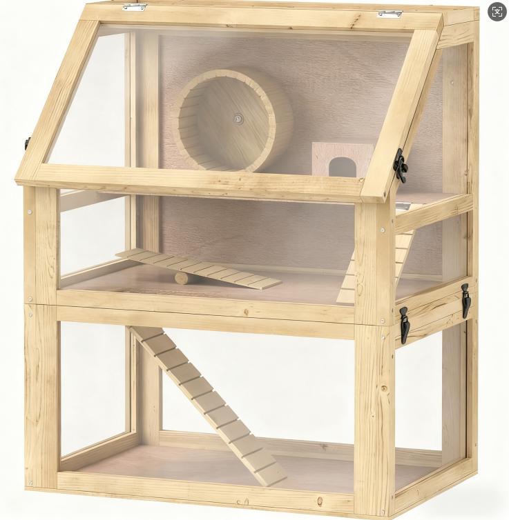 Three-Tier Wooden Hamster Habitat with Accessories