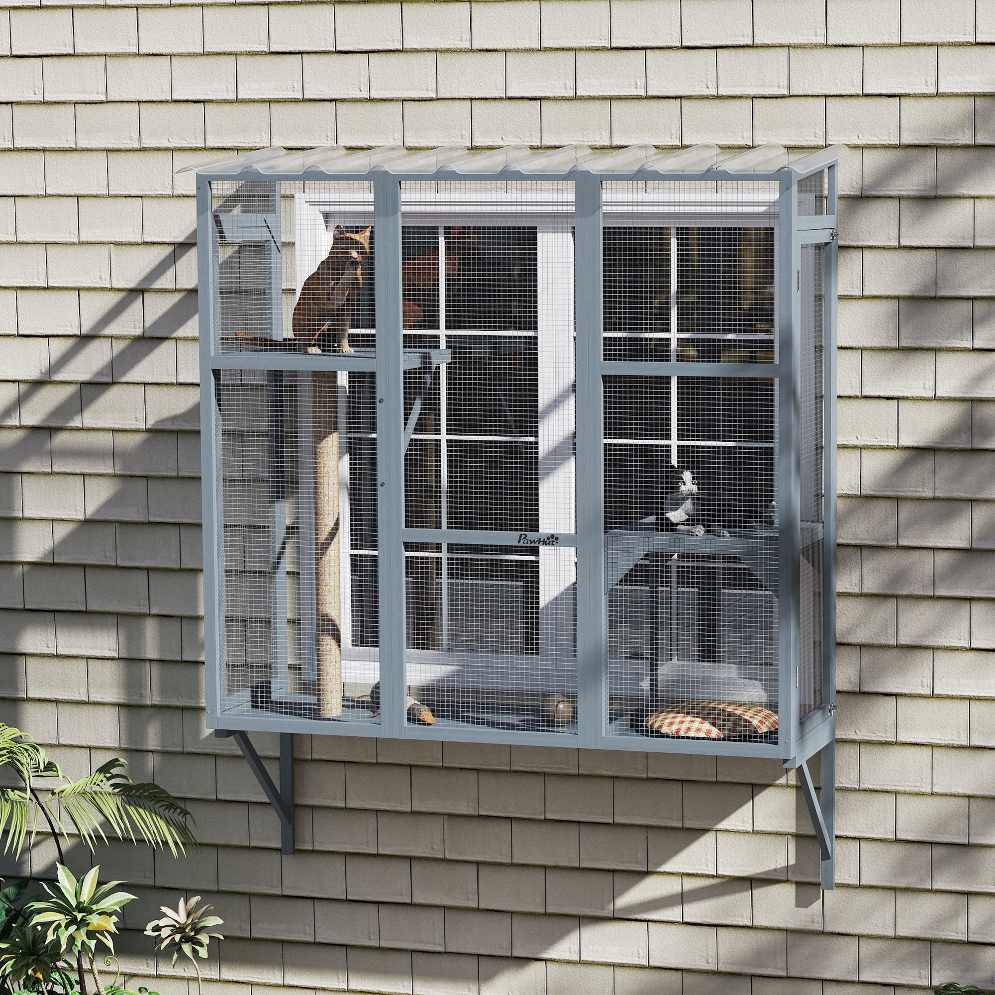 Outdoor Cat Enclosure with 2 Jumping Platforms, Gray