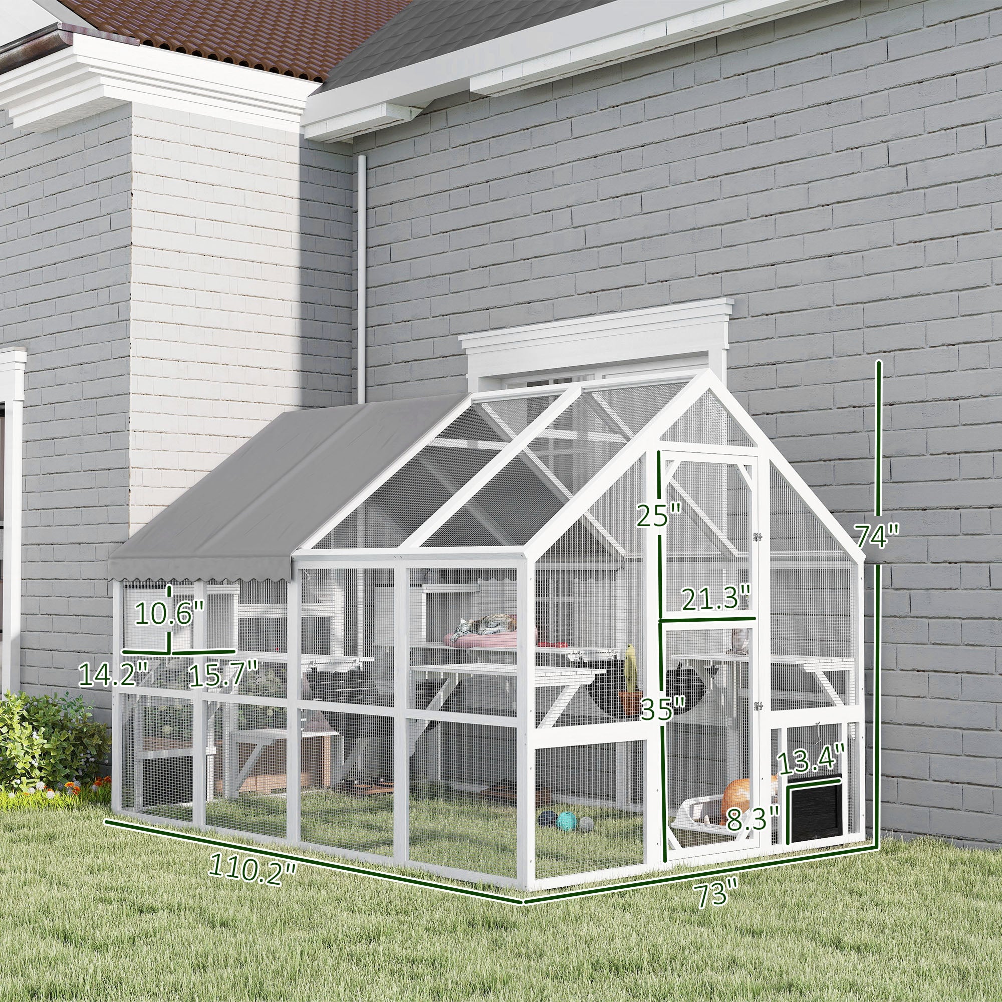 Outdoor Cat Enclosure, Waterproof Cover, 2 Condos, White