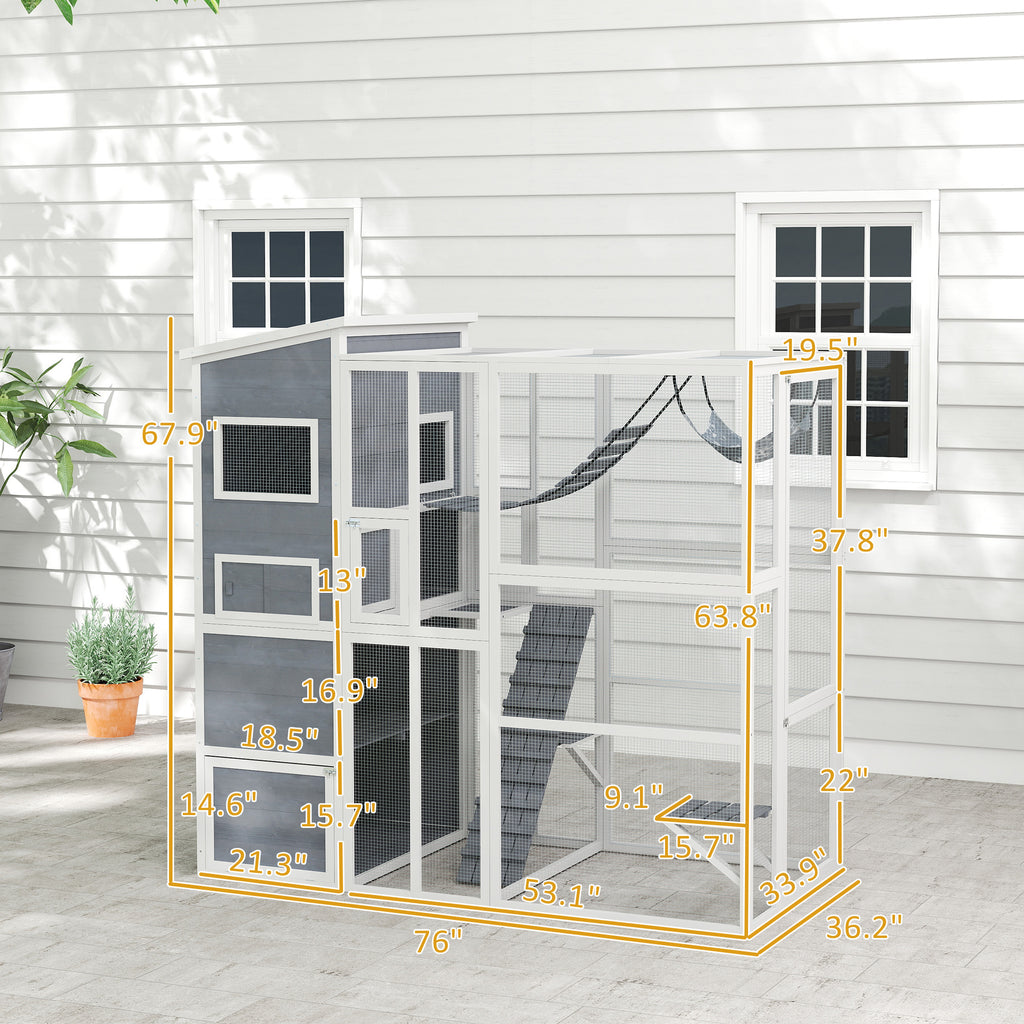 Large Wooden Catio with 4 Tiers, 3 Platforms, Gray