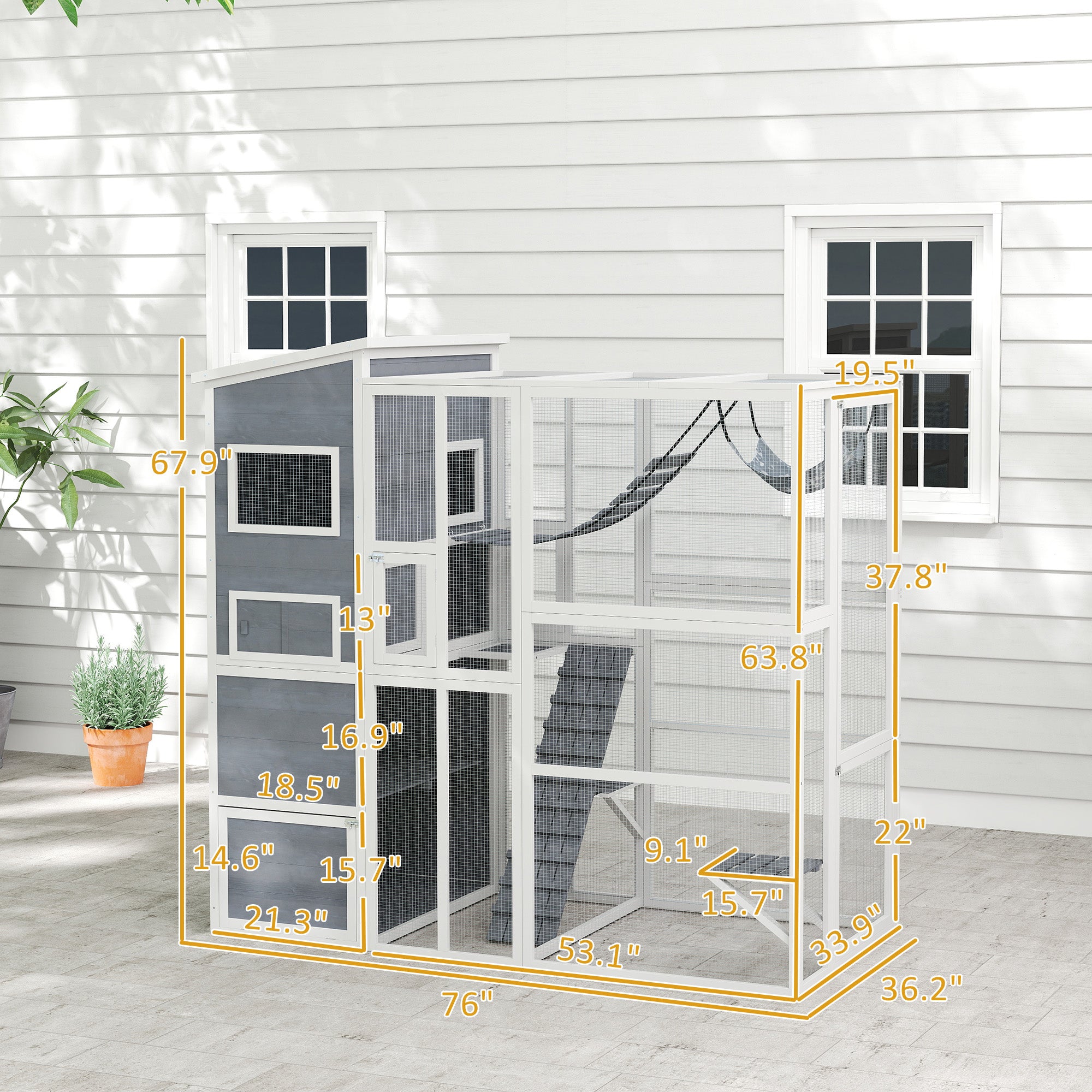 Large Wooden Catio with 4 Tiers, 3 Platforms, Gray