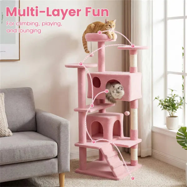 52" Multi-Level Cat Tree Tower with Condos - Pink
