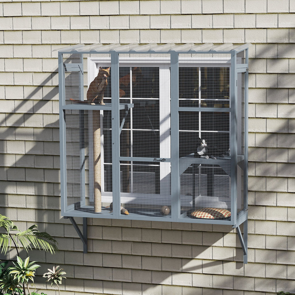 Outdoor Cat Enclosure with 2 Jumping Platforms, Gray