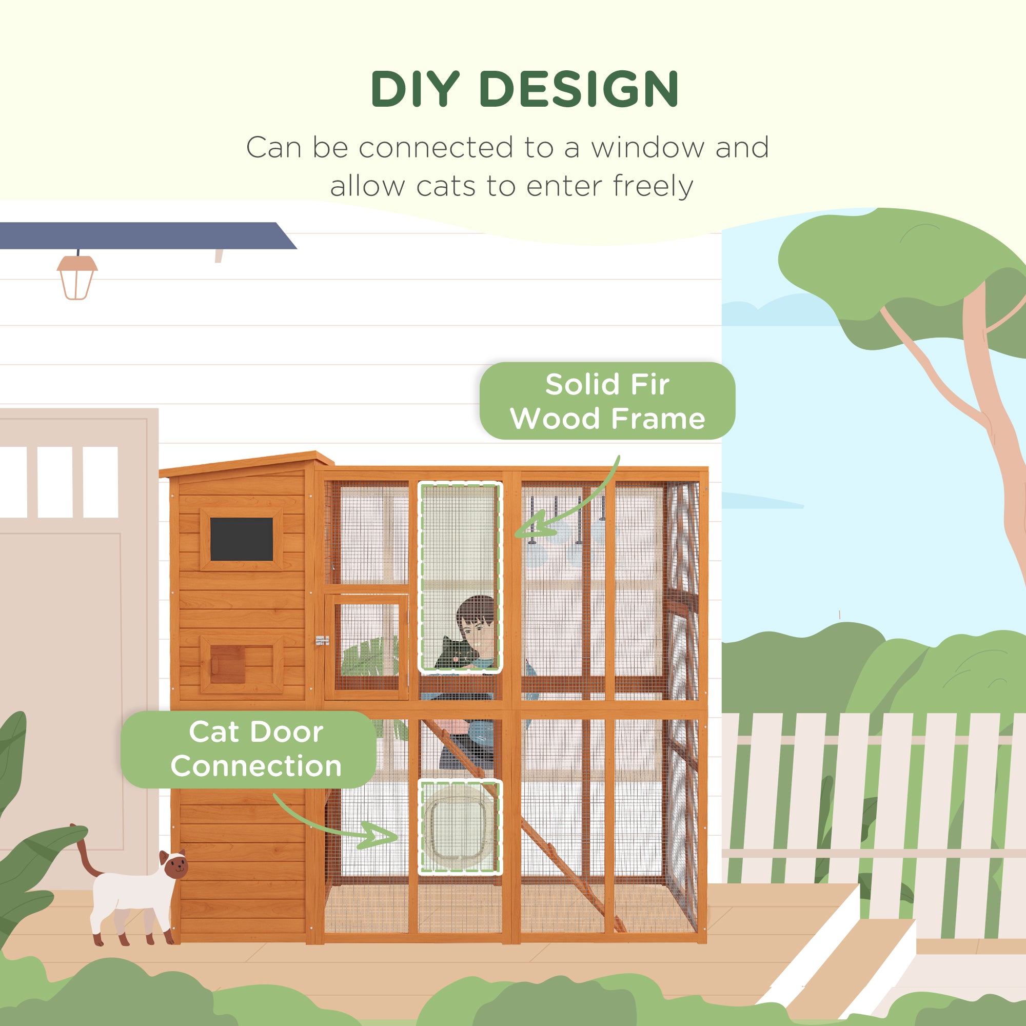 Natural Wooden Outdoor Catio with Platforms and Ramps