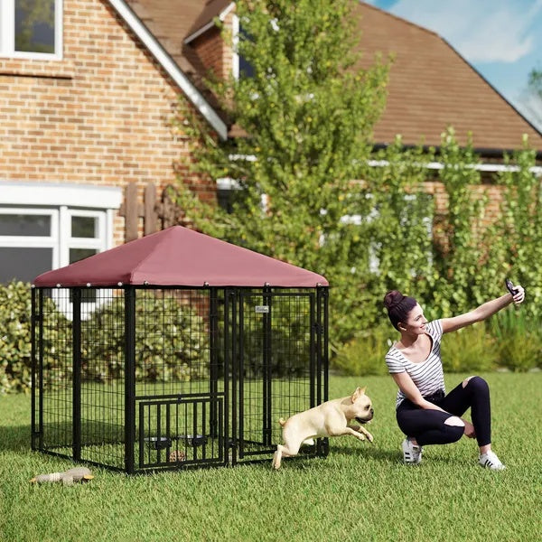 Outdoor Dog Kennel with Rotating Bowls and Cover
