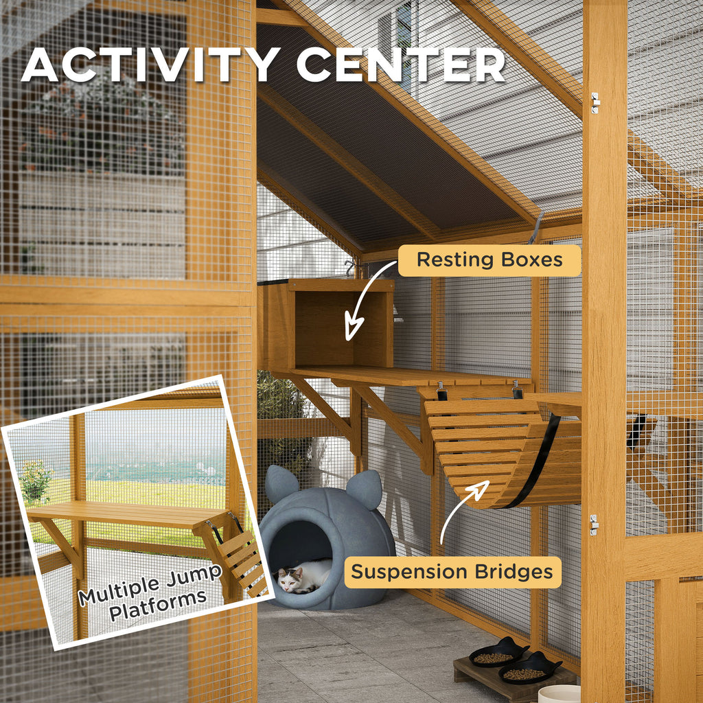 Wooden Catio Outdoor Enclosure, Yellow, 2 Condos, 6 Platform