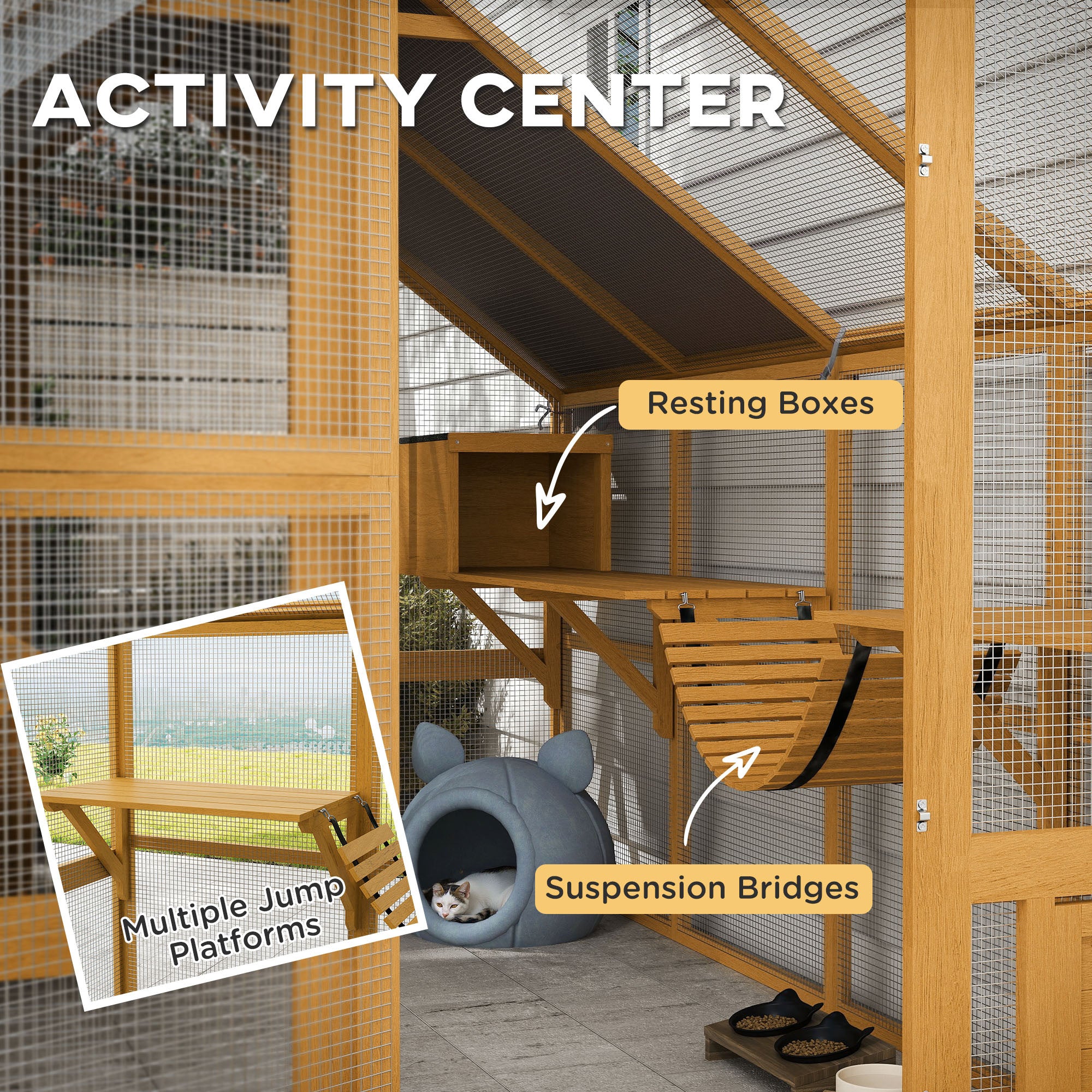 Wooden Catio Outdoor Enclosure, Yellow, 2 Condos, 6 Platform