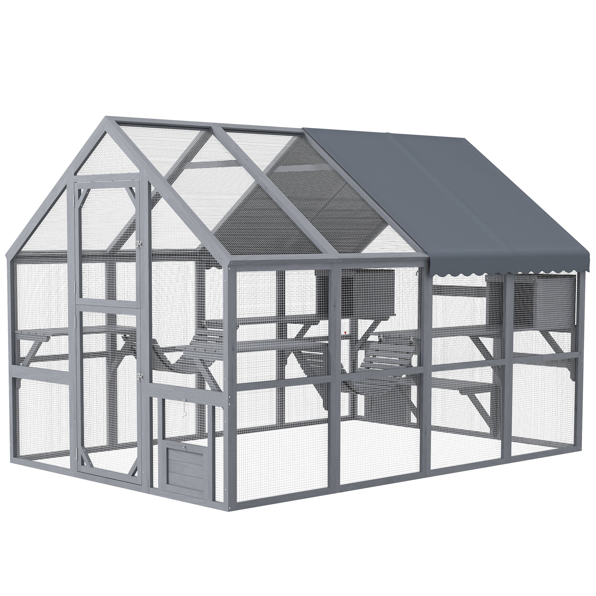 Wooden Catio with Waterproof Cover, 2 Condos, 6 Platforms, G