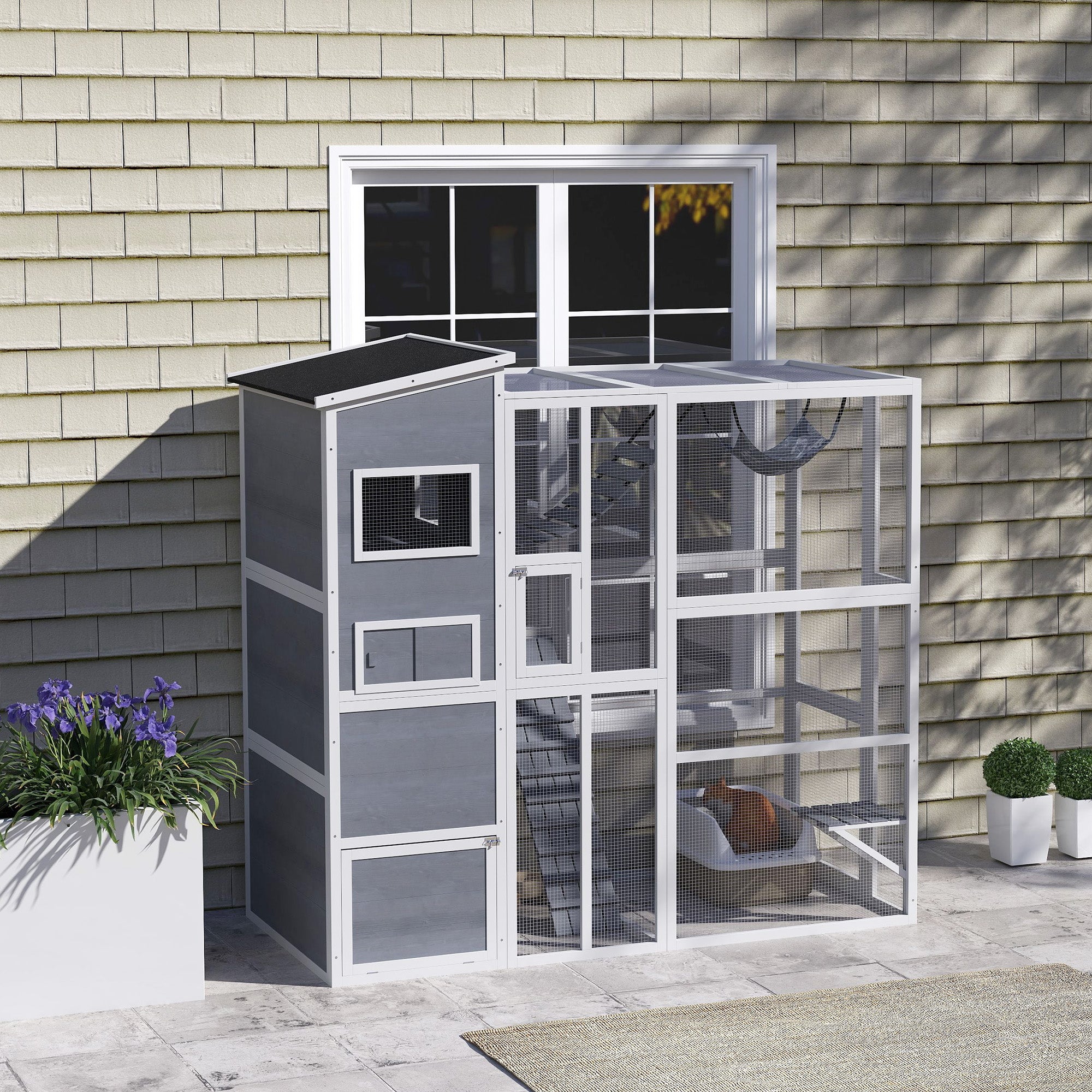Large Wooden Catio with 4 Tiers, 3 Platforms, Gray
