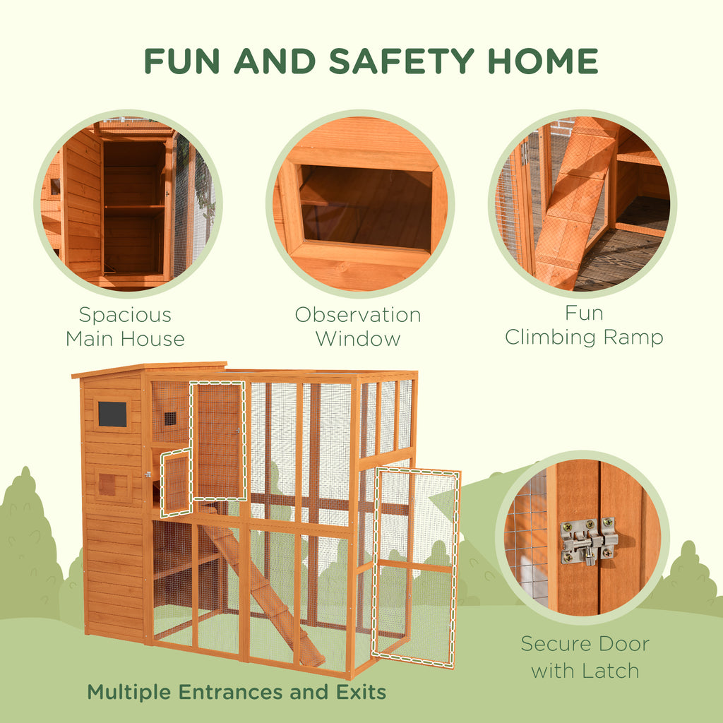 Natural Wooden Outdoor Catio with Platforms and Ramps