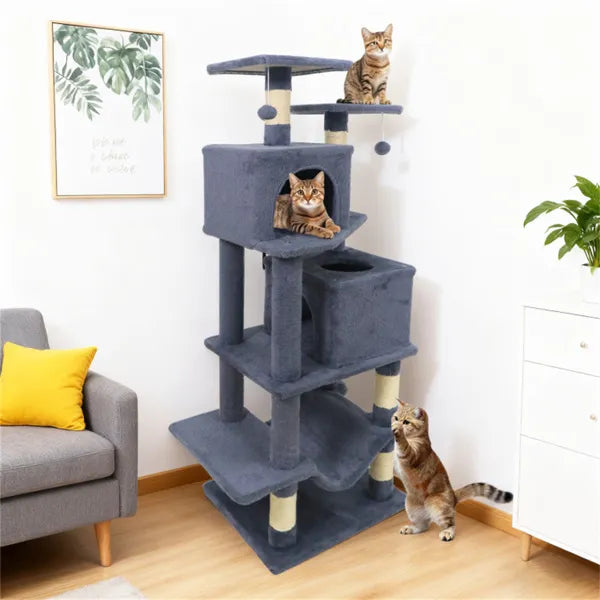 57" Multi-Level Cat Tree, 2 Condos & Hammock - Gray
