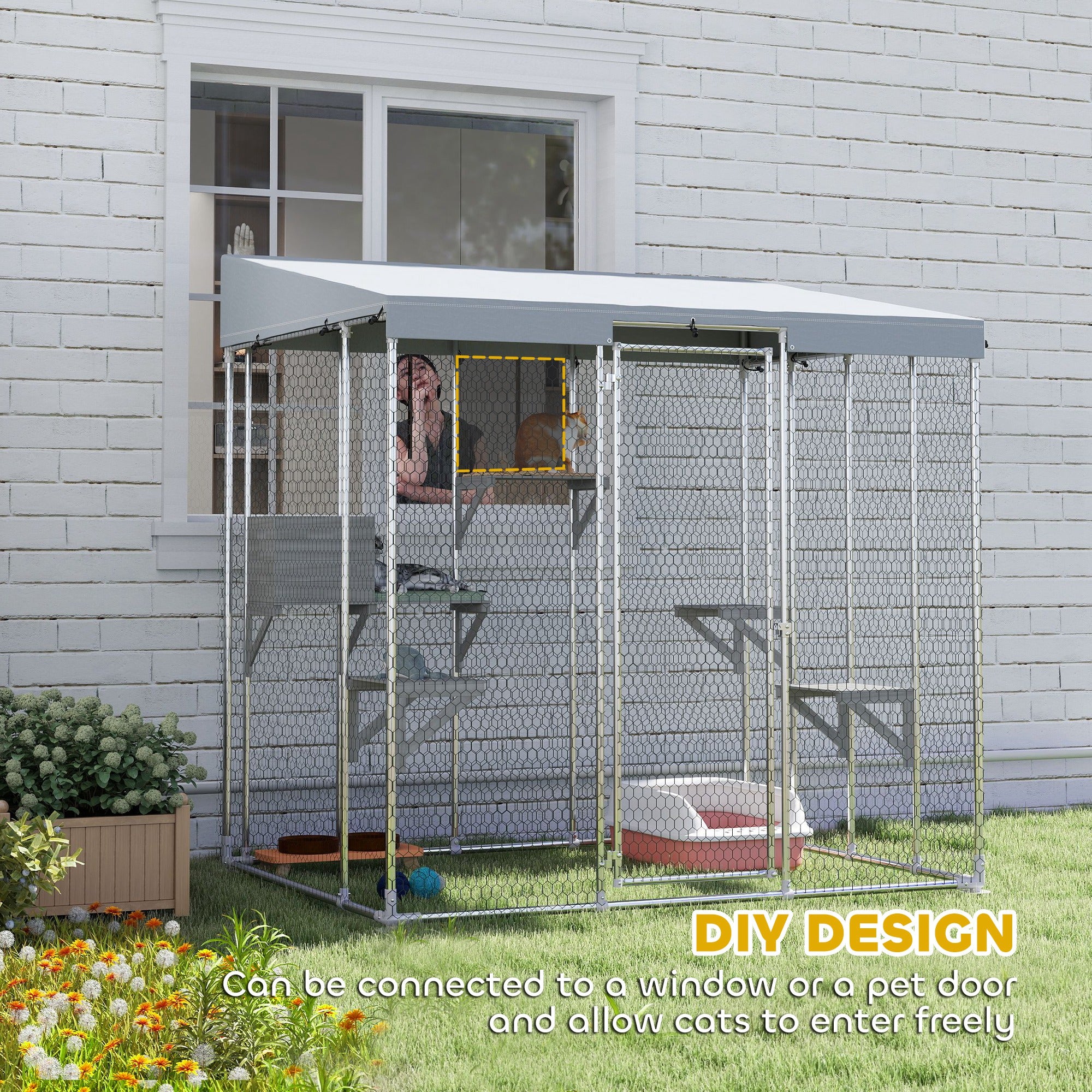 79" Galvanized Steel Catio with Canopy, 1-3 Kittens, Silver