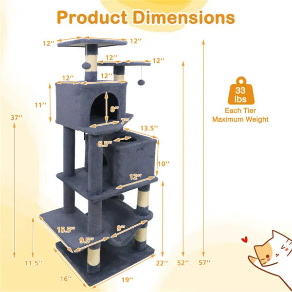 57" Multi-Level Cat Tree, 2 Condos & Hammock - Gray