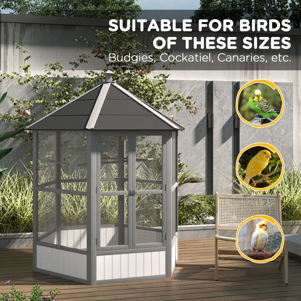 69" Wooden Hexagonal Outdoor Aviary, Light Gray