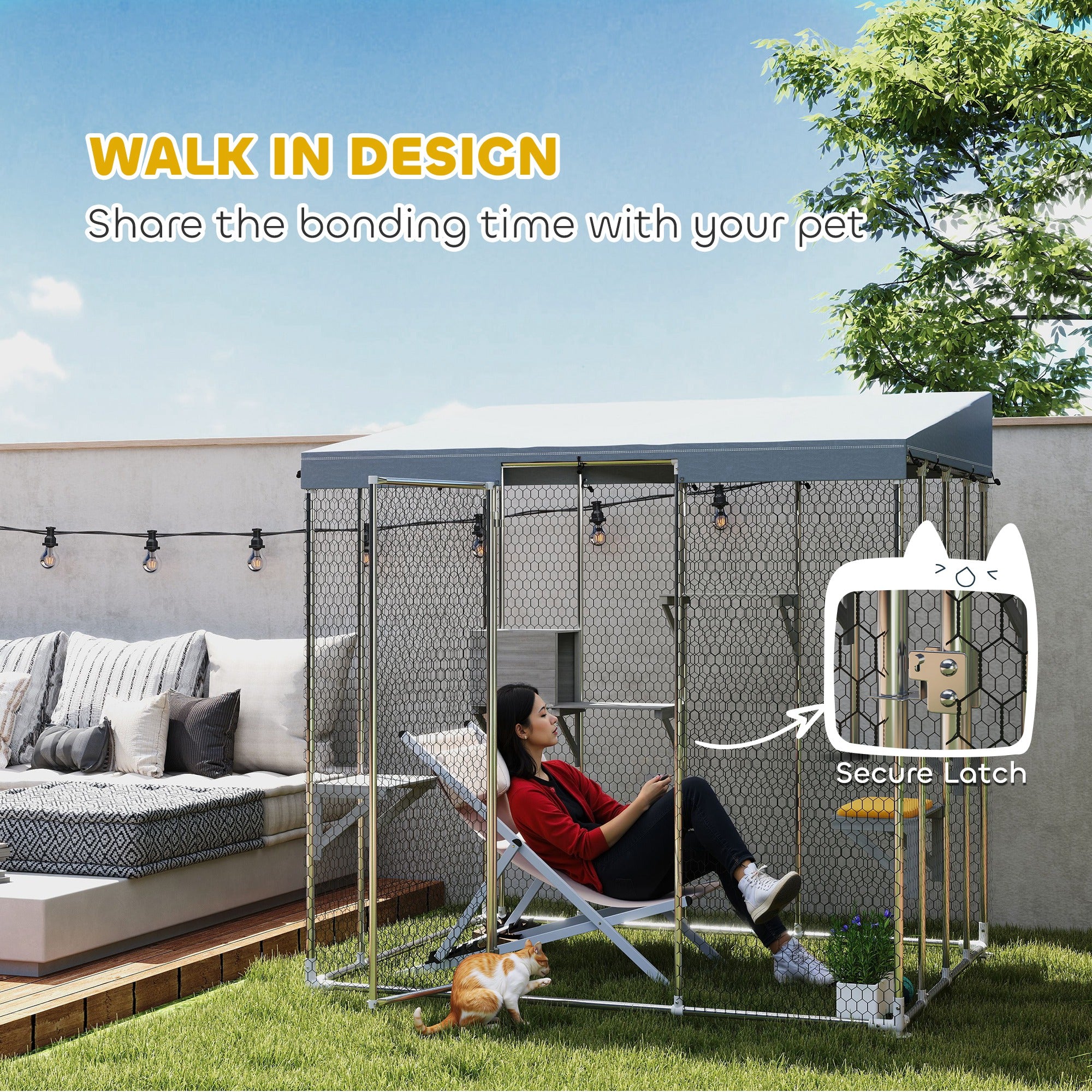 79" Galvanized Steel Catio with Canopy, 1-3 Kittens, Silver