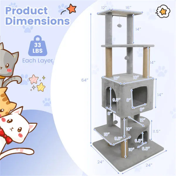 64" Light Gray Cat Tower with Plush Perches