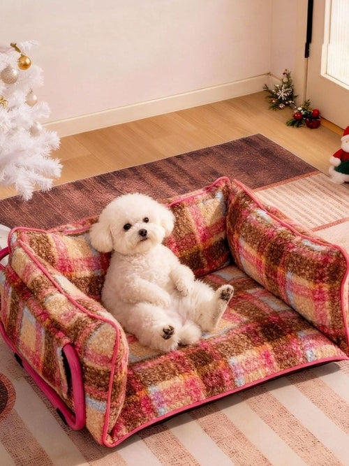 Elegant Plaid Pet Sofa Bed with Plush Cushion