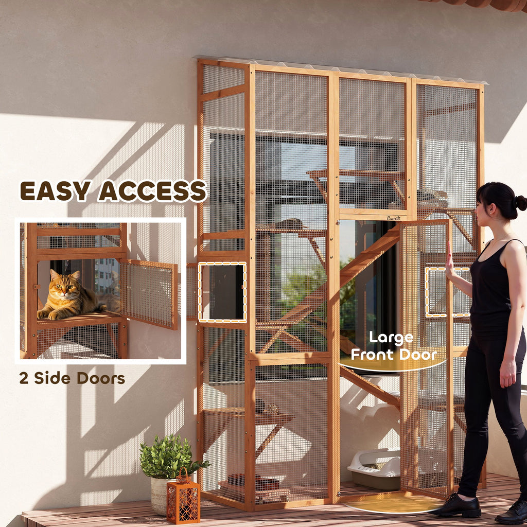Large Wooden Cat Enclosure with 6 Platforms, Scratching Post