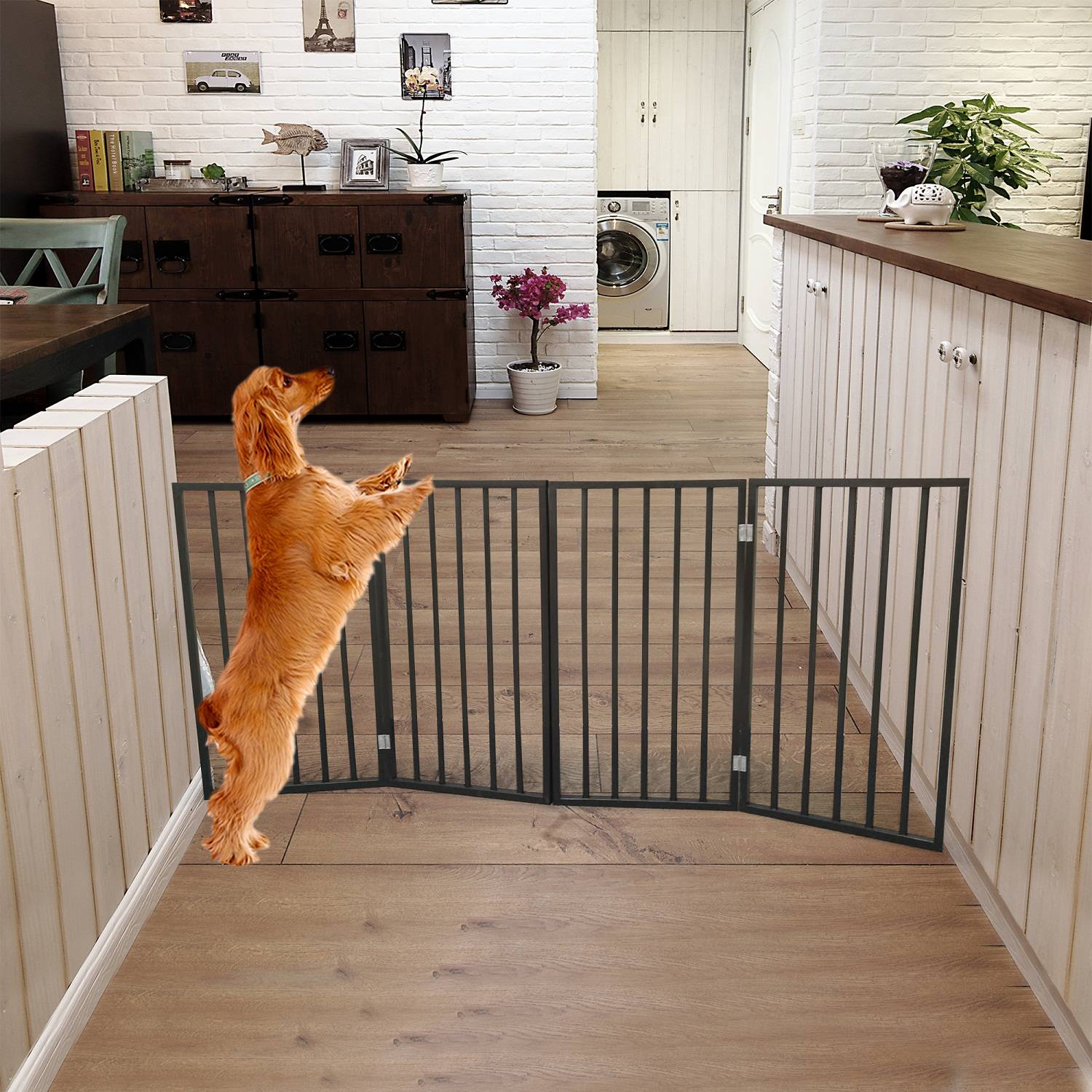 Elegant Folding Pet Gate for Doorways and Stairs, Dark Brown