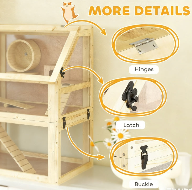 Three-Tier Wooden Hamster Habitat with Accessories