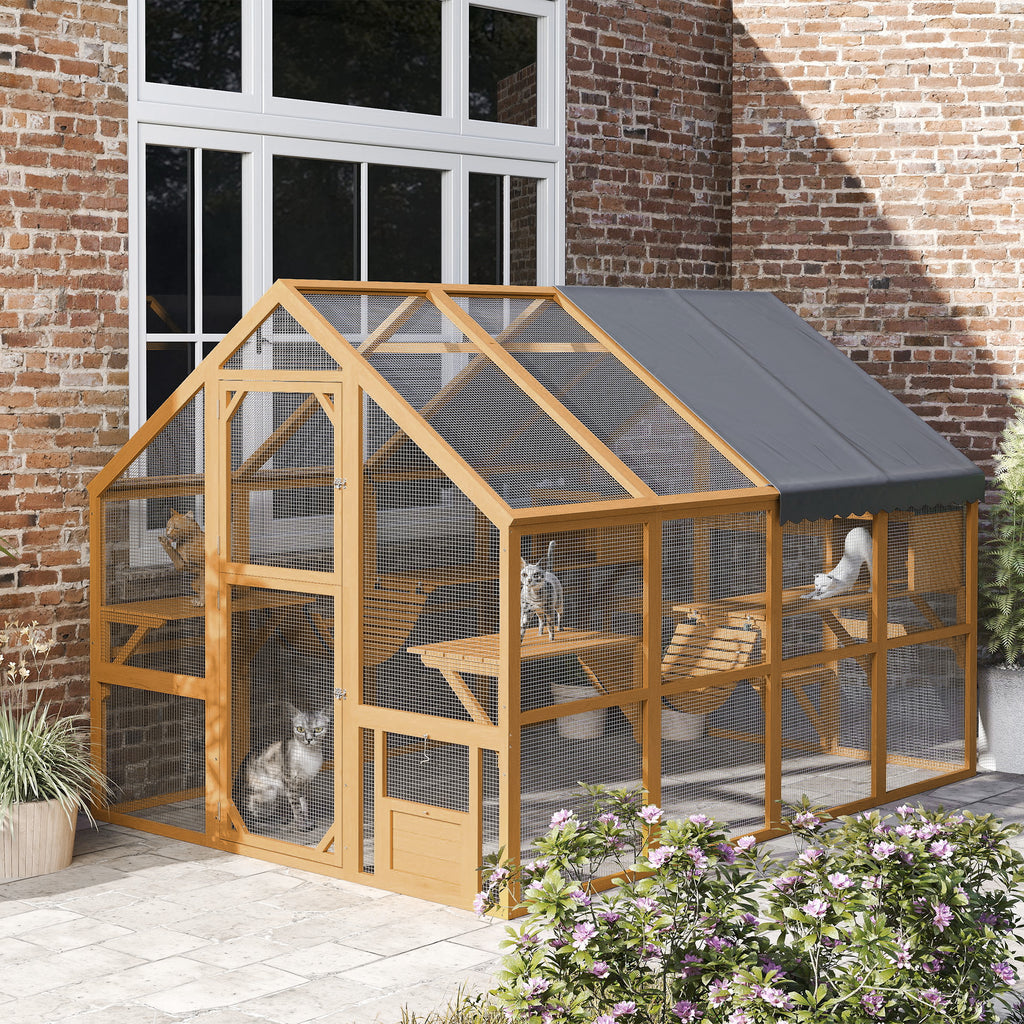 Wooden Catio Outdoor Enclosure, Yellow, 2 Condos, 6 Platform