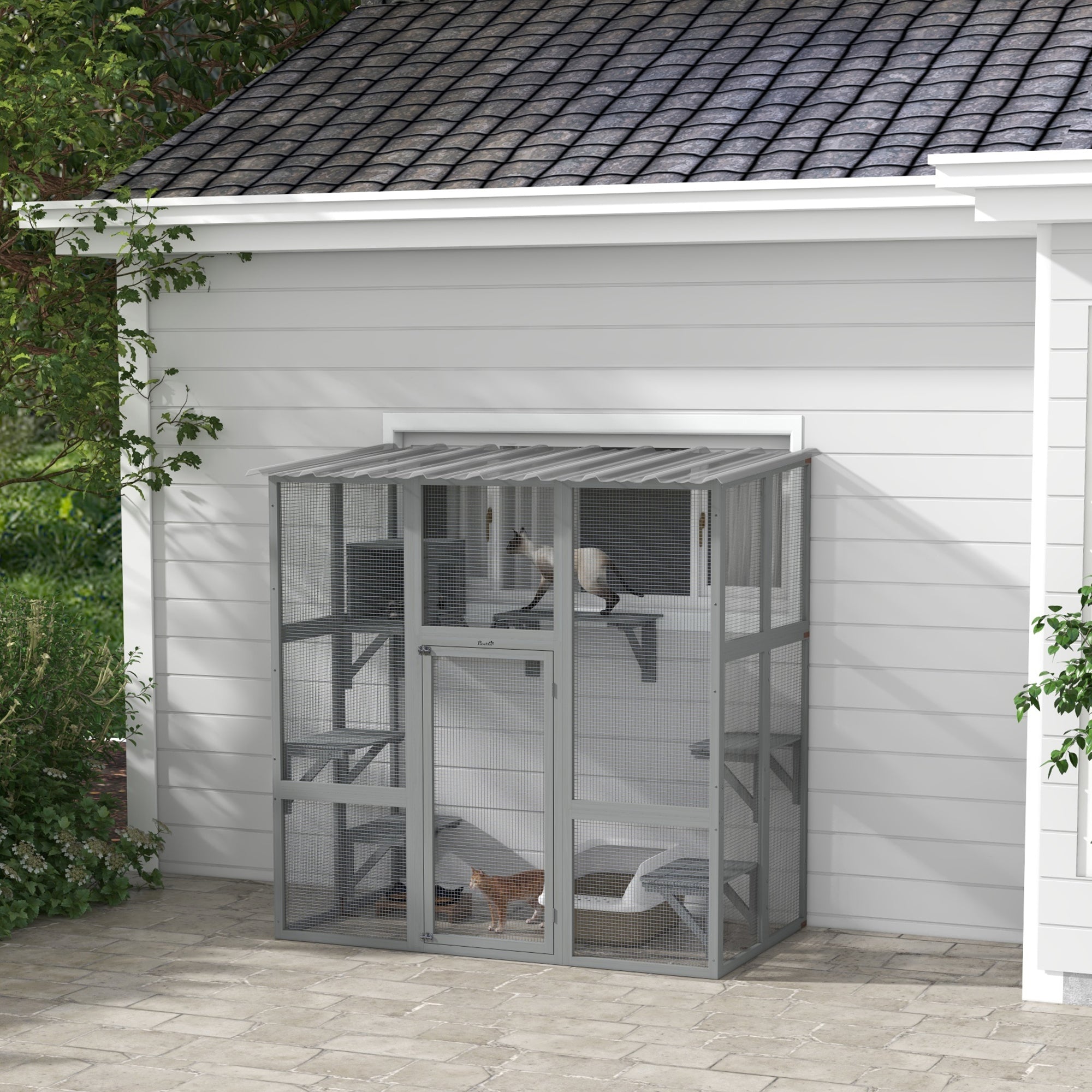Elegant Cat Window Enclosure with Bridge & Platforms, Gray