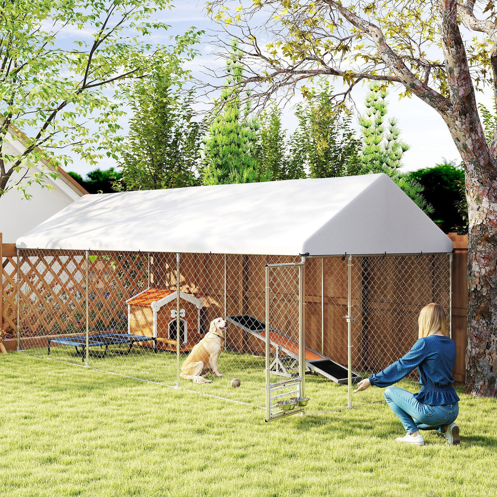 Outdoor Dog Kennel with Bowl Rack, 19.7' x 7.5' x 7.5'