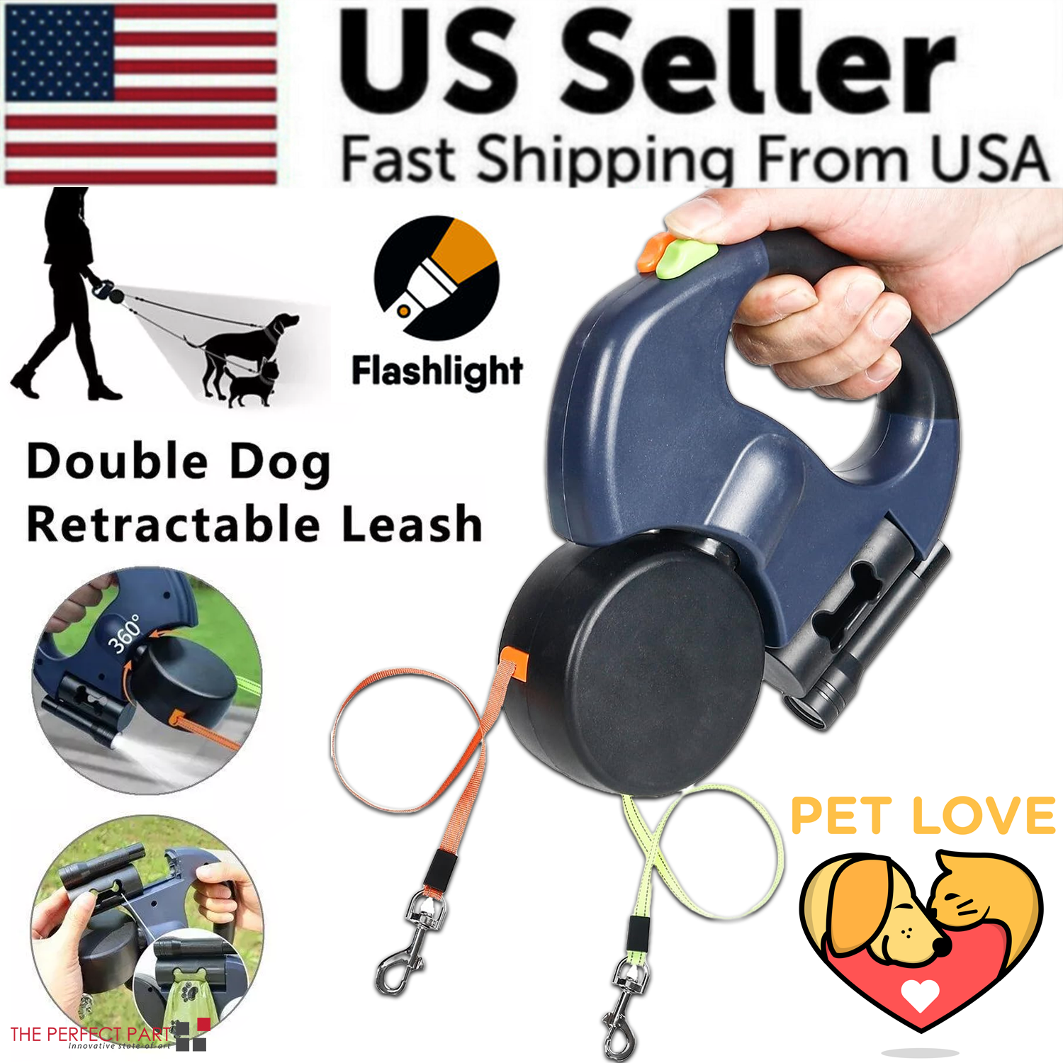 Reflective Retractable Dual Pet Leash
