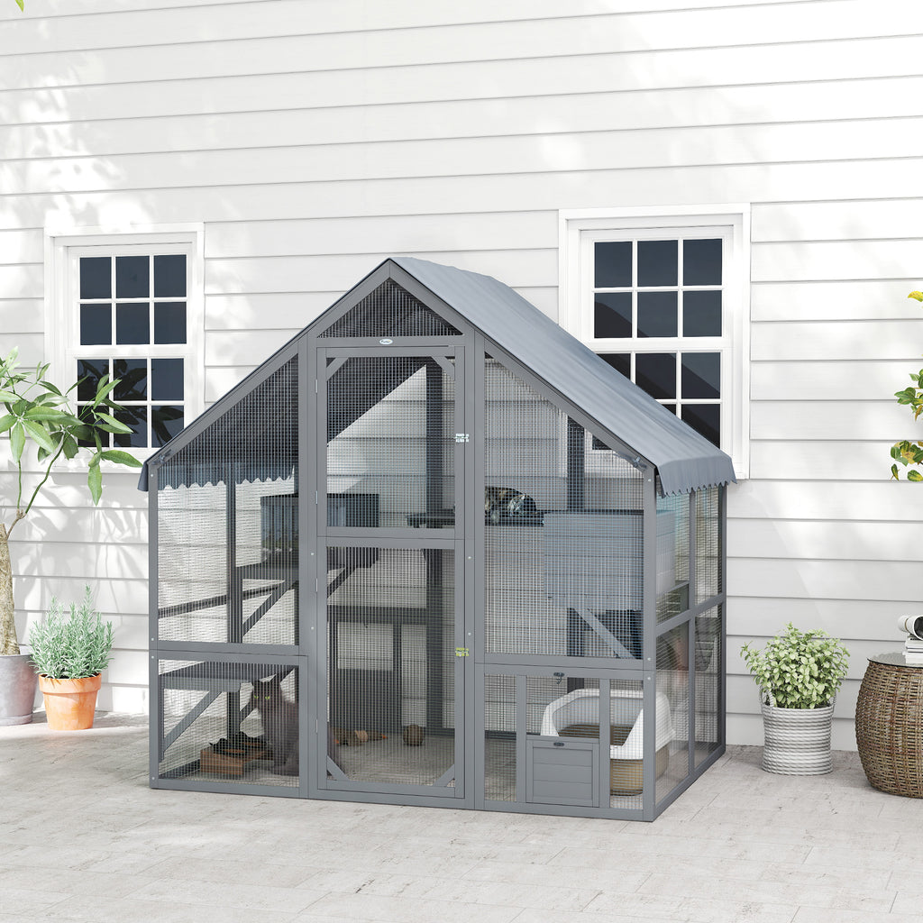 Wooden Catio with Waterproof Cover, 2 Condos, Gray