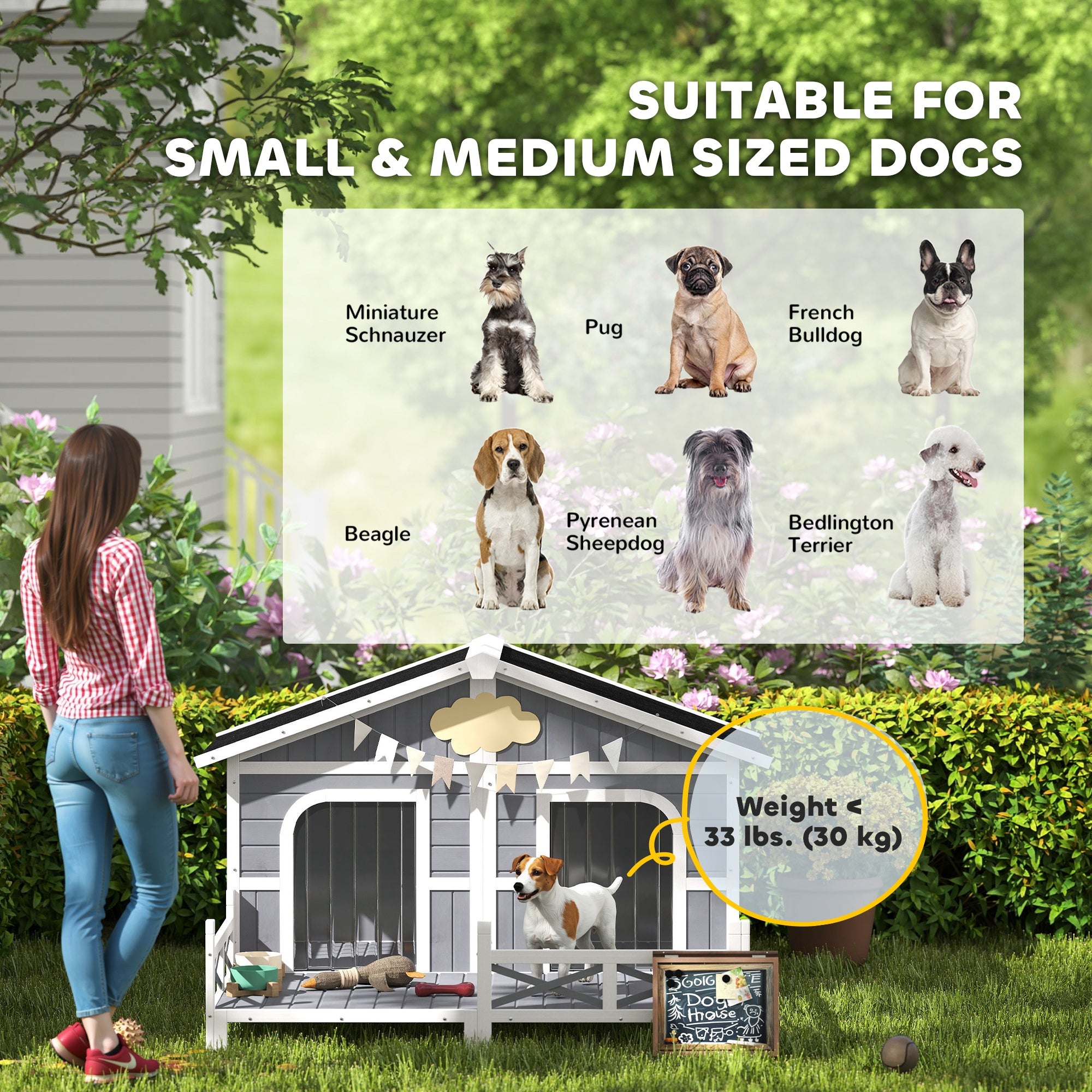 Wooden Outdoor Dog Kennel, Gray Double Room with Porch