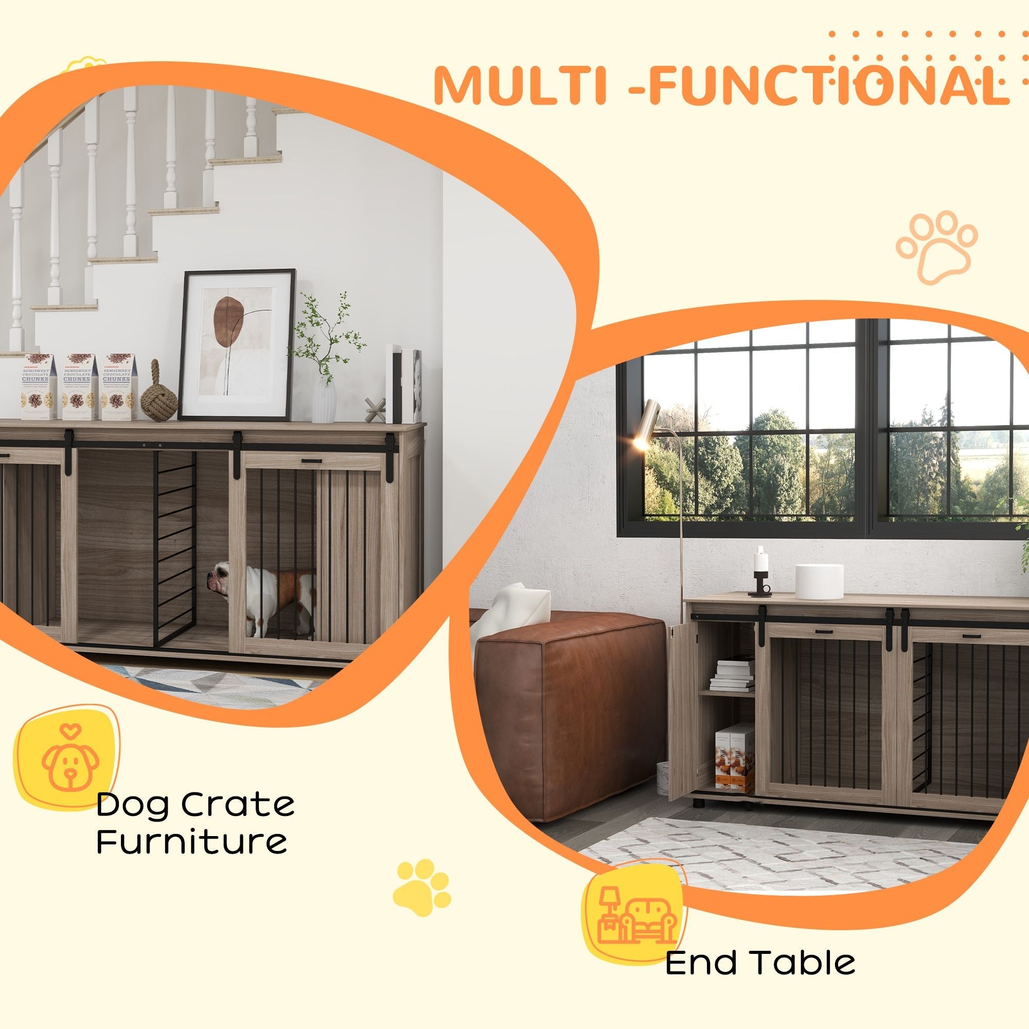 71" Modern Dog Kennel Furniture with Storage, 2-Compartment