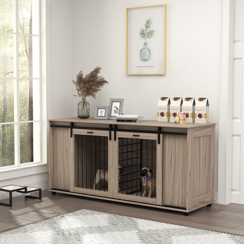71" Modern Dog Kennel Furniture with Storage, 2-Compartment