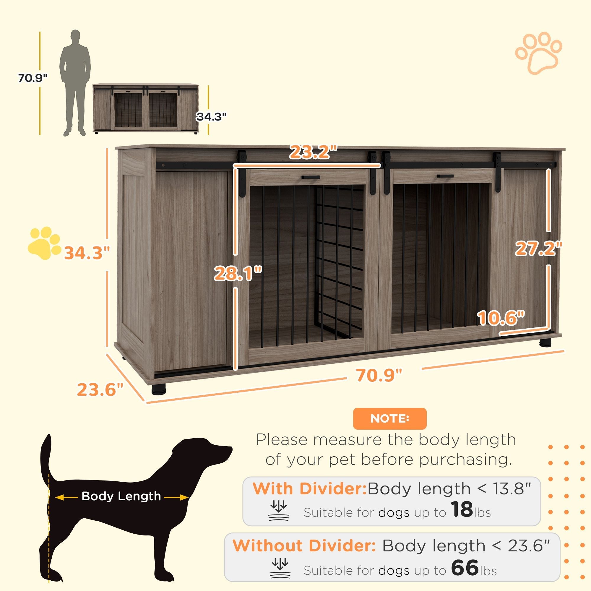71" Modern Dog Kennel Furniture with Storage, 2-Compartment
