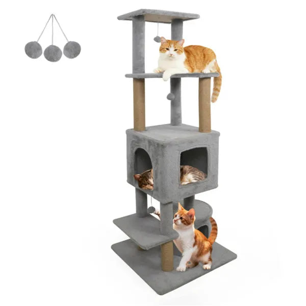 64" Light Gray Cat Tower with Plush Perches