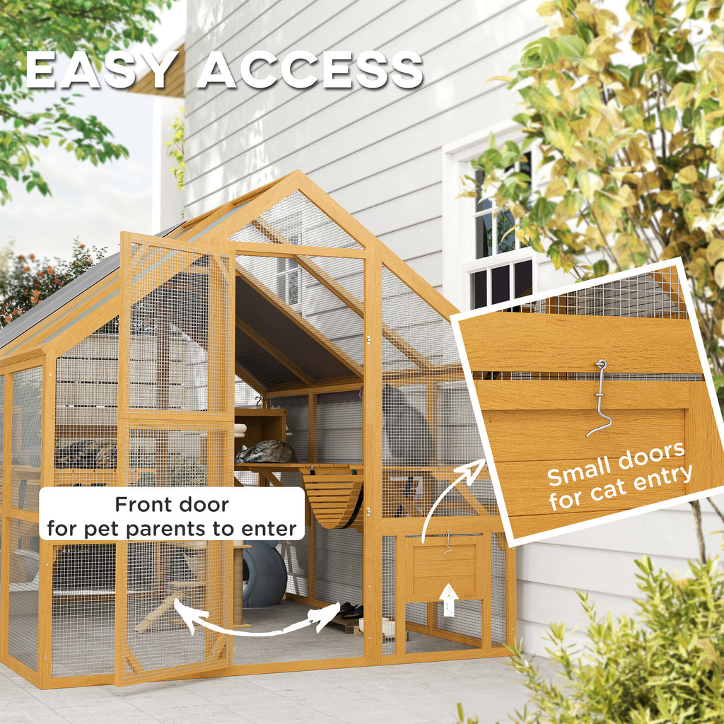 Wooden Catio Outdoor Enclosure, Yellow, 2 Condos, 6 Platform
