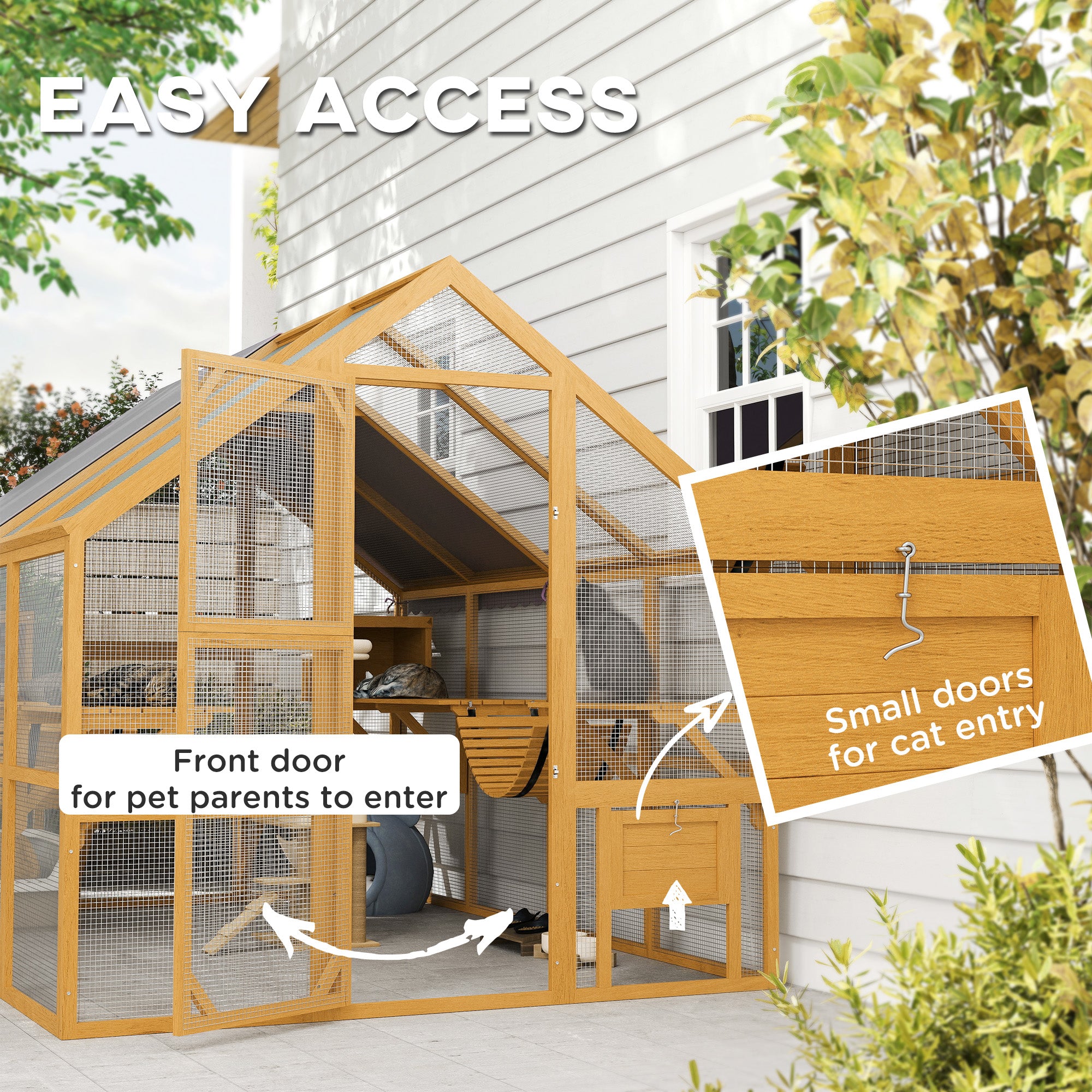 Wooden Catio Outdoor Enclosure, Yellow, 2 Condos, 6 Platform
