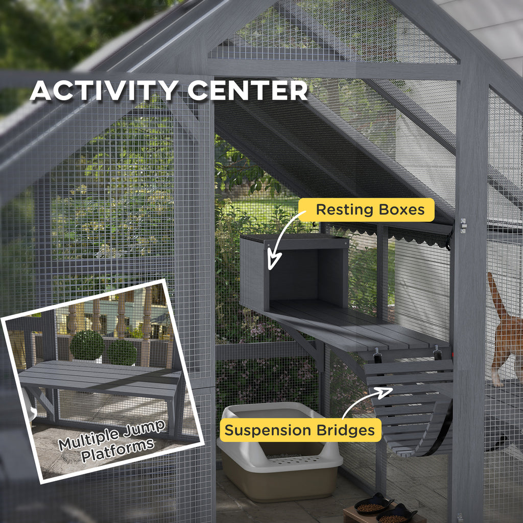 Wooden Catio with Waterproof Cover, 2 Condos, 6 Platforms, G