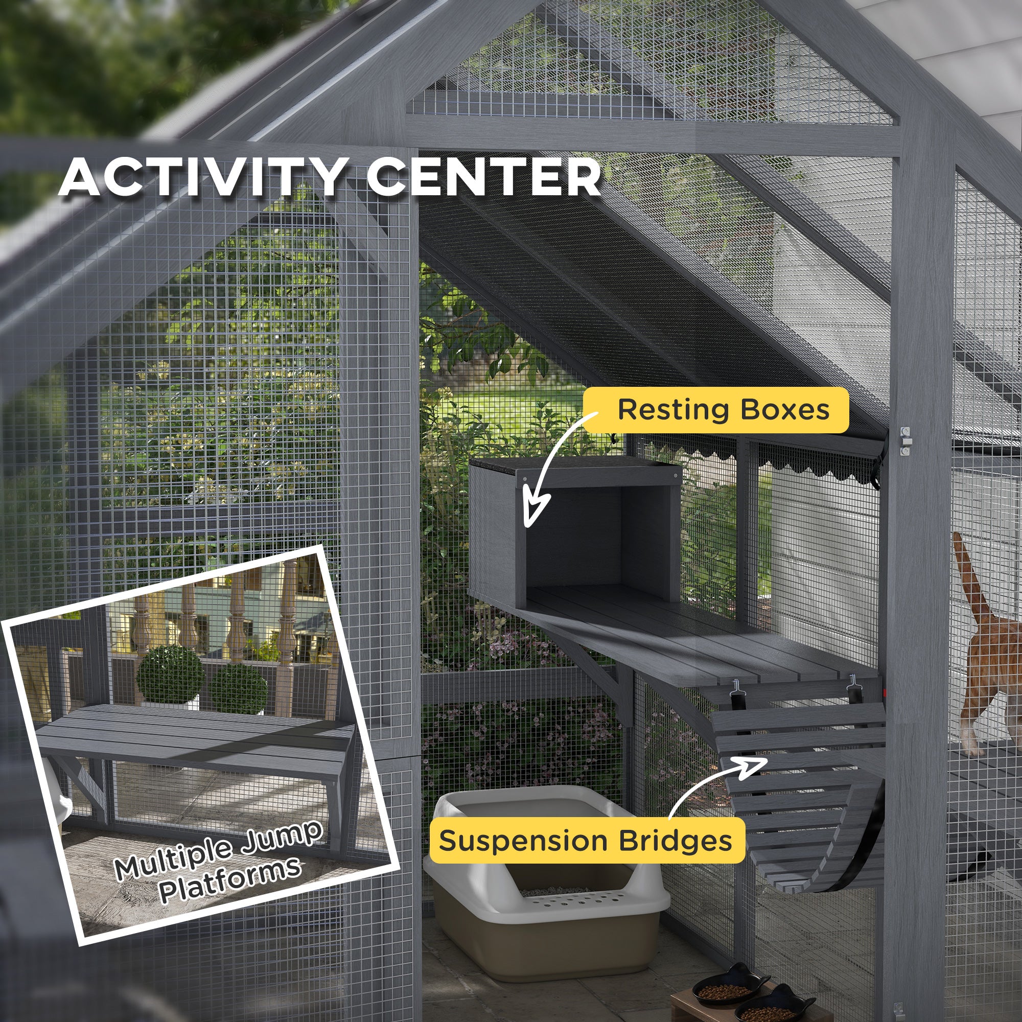 Wooden Catio with Waterproof Cover, 2 Condos, 6 Platforms, G
