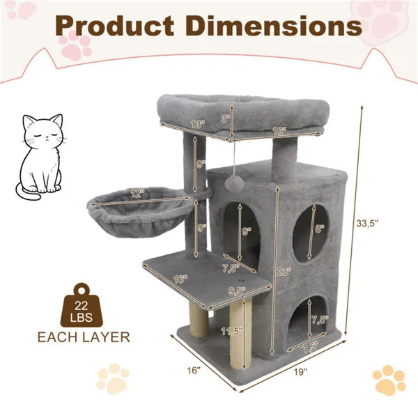 Light Gray 33.5" Multi-Level Cat Tree, Condo, & Scratchers