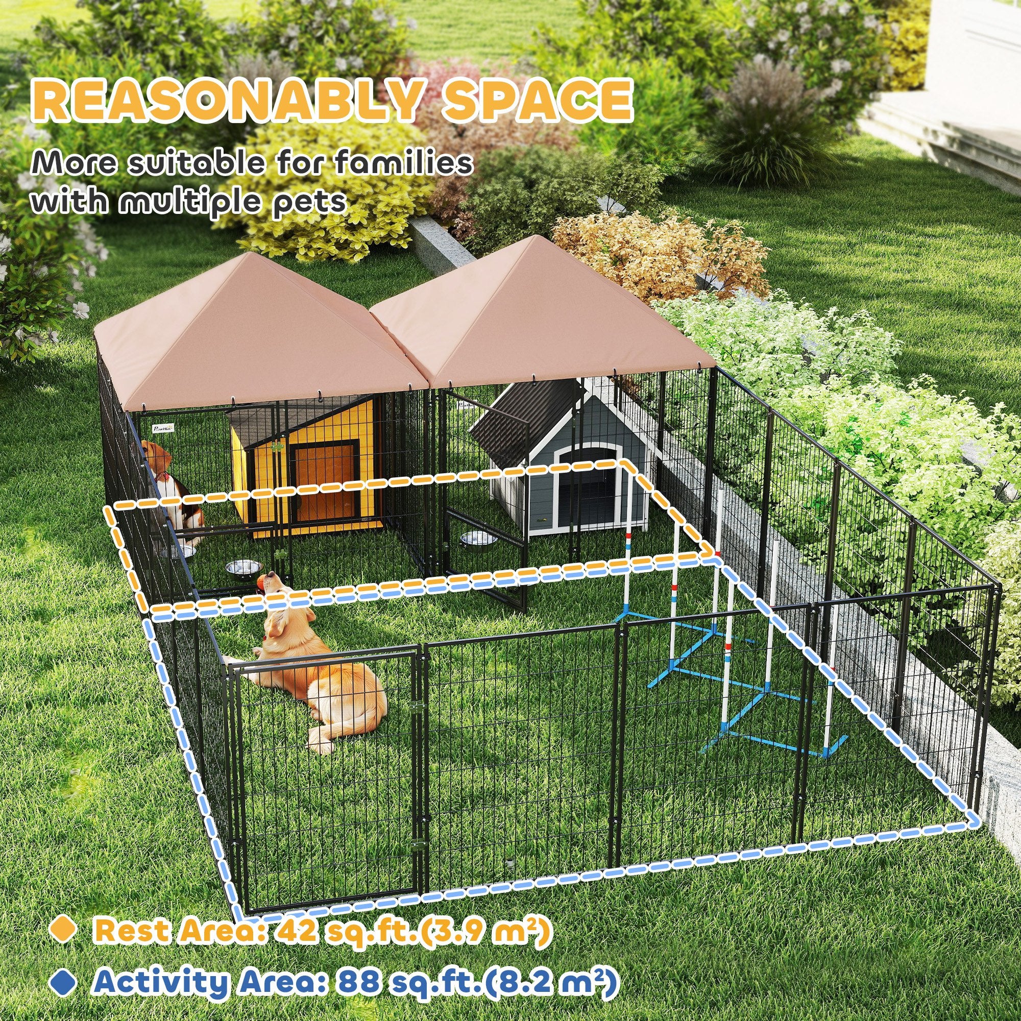 Large Outdoor Dog Kennel with 2 Rooms, Rotating Bowls