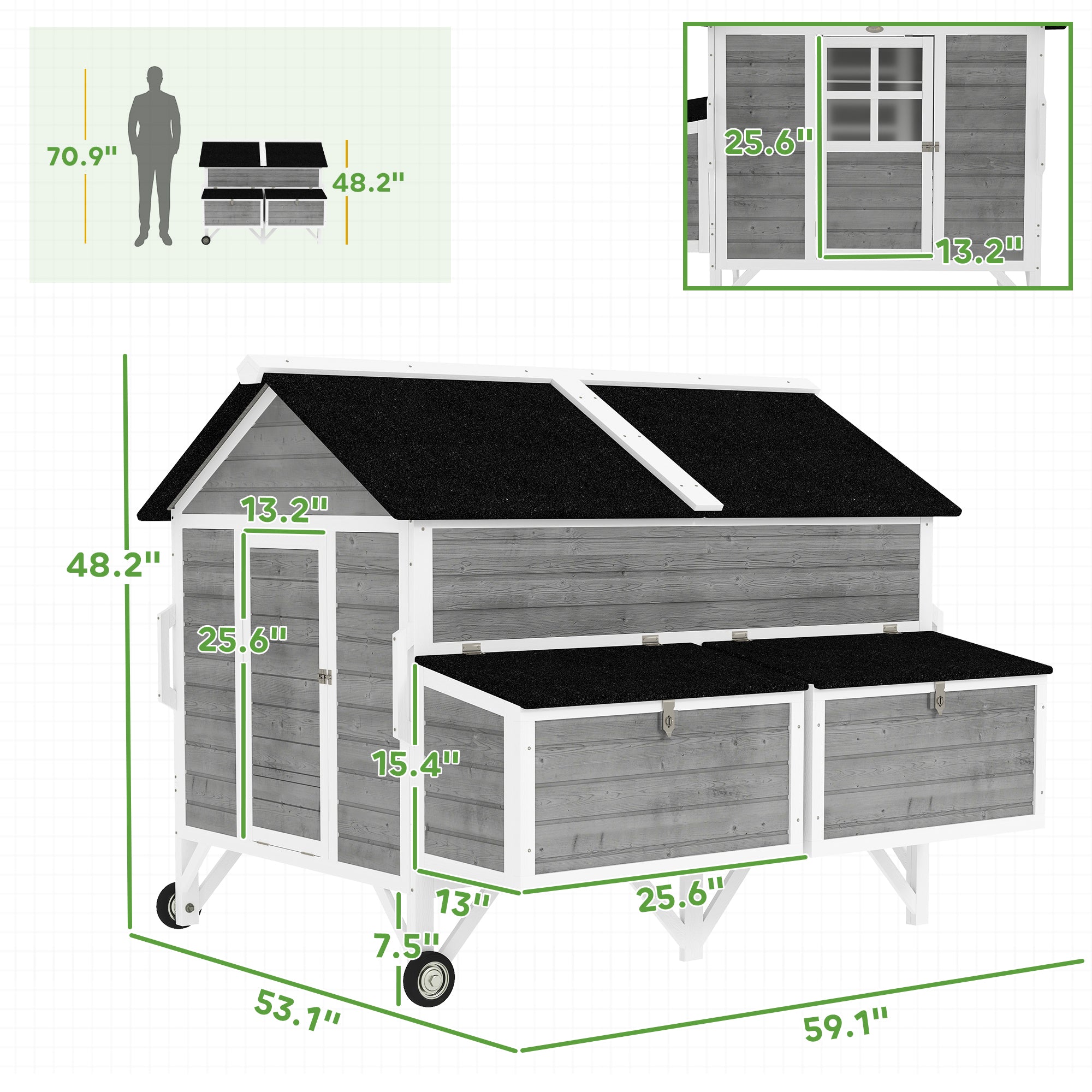 59" Gray Wooden Chicken Coop with Wheels and Nesting Boxes