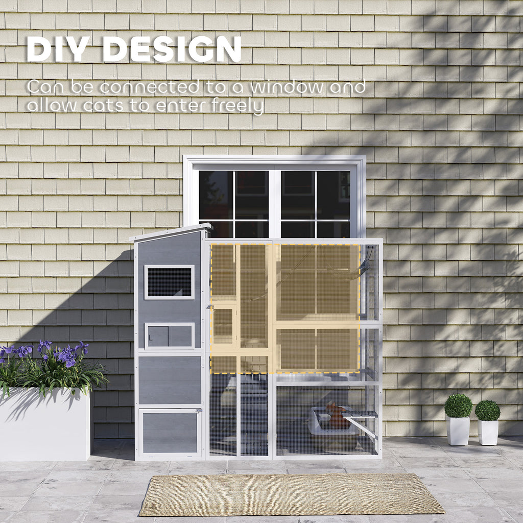 Large Wooden Catio with 4 Tiers, 3 Platforms, Gray