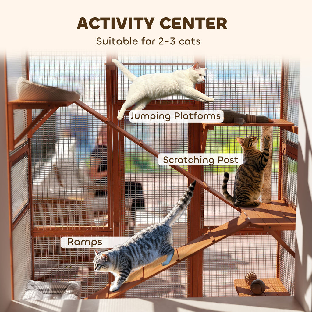 Large Wooden Cat Enclosure with 6 Platforms, Scratching Post