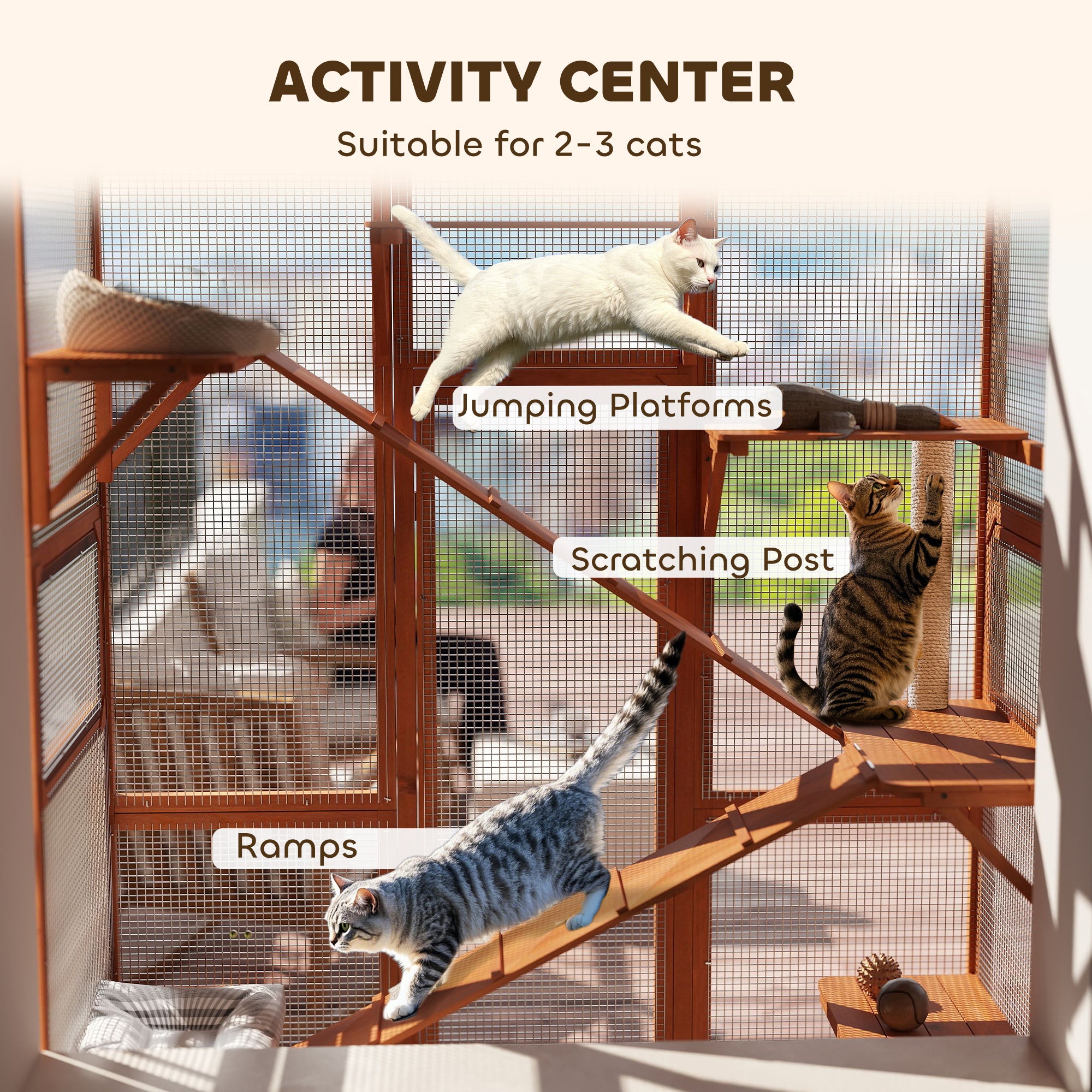 Large Wooden Cat Enclosure with 6 Platforms, Scratching Post